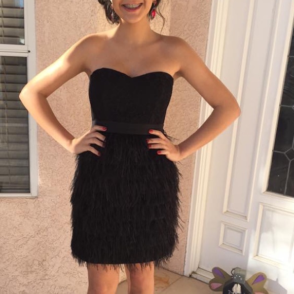 A. Drea Faux Feather Strapless Dress with Lace Top - Picture 3 of 7